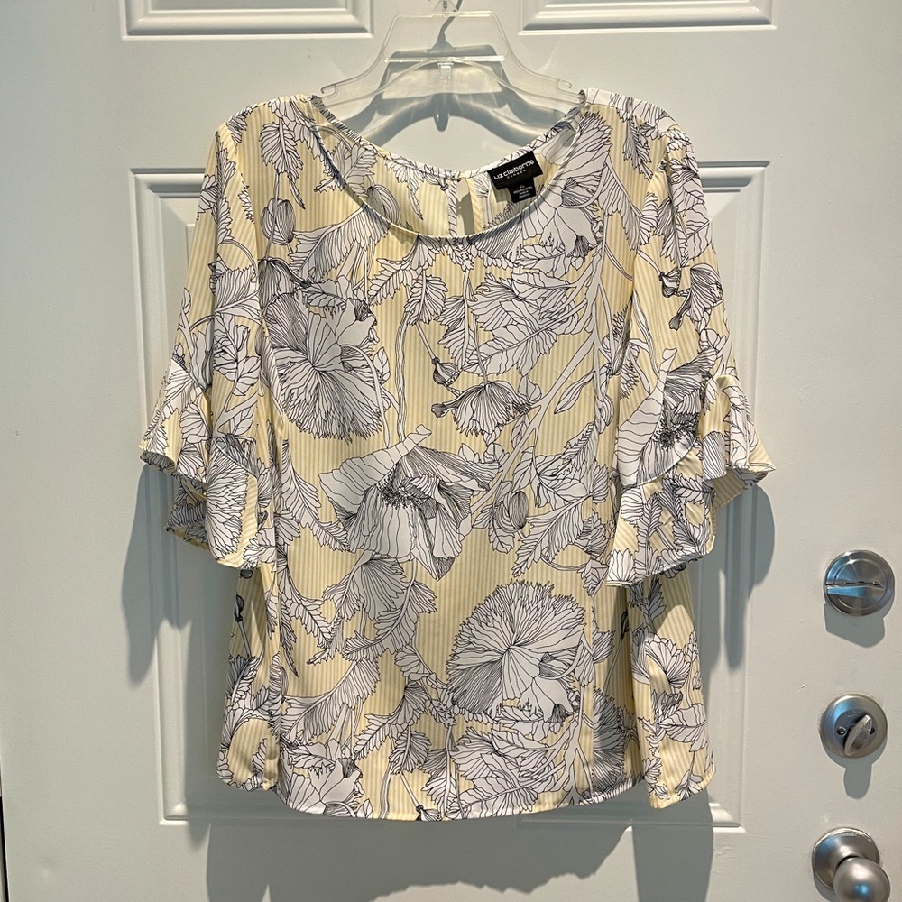 Liz Claiborne Floral Black White Stripes Ruffle Flowy Short Sleeve Top Size XL